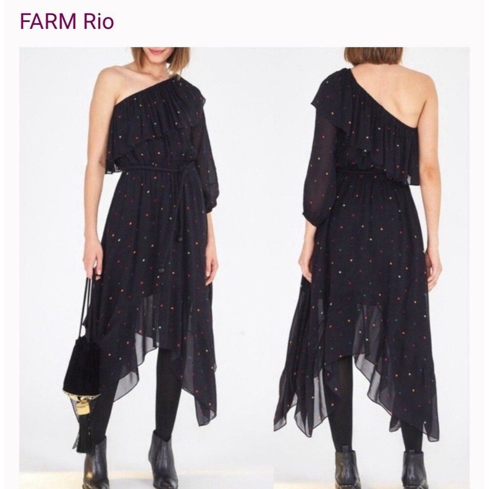 NWT Farm Rio One Shoulder Midi Dress Black With Polka Dots Sz large Cocktail